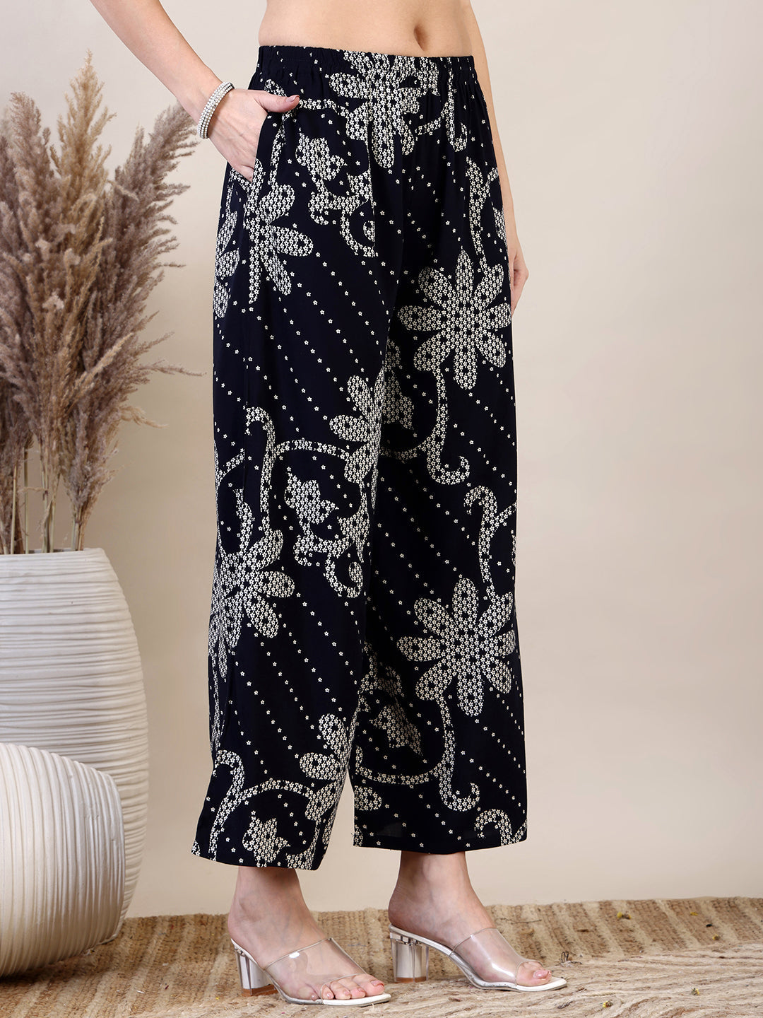 Embroidered & Floral Printed Co-Ords, Navy Blue - Hiral Fashion | Grocsy