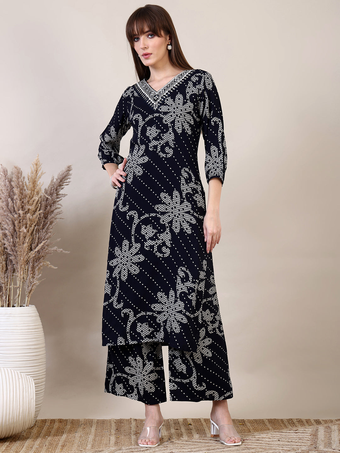 Embroidered & Floral Printed Co-Ords, Navy Blue - Hiral Fashion | Grocsy