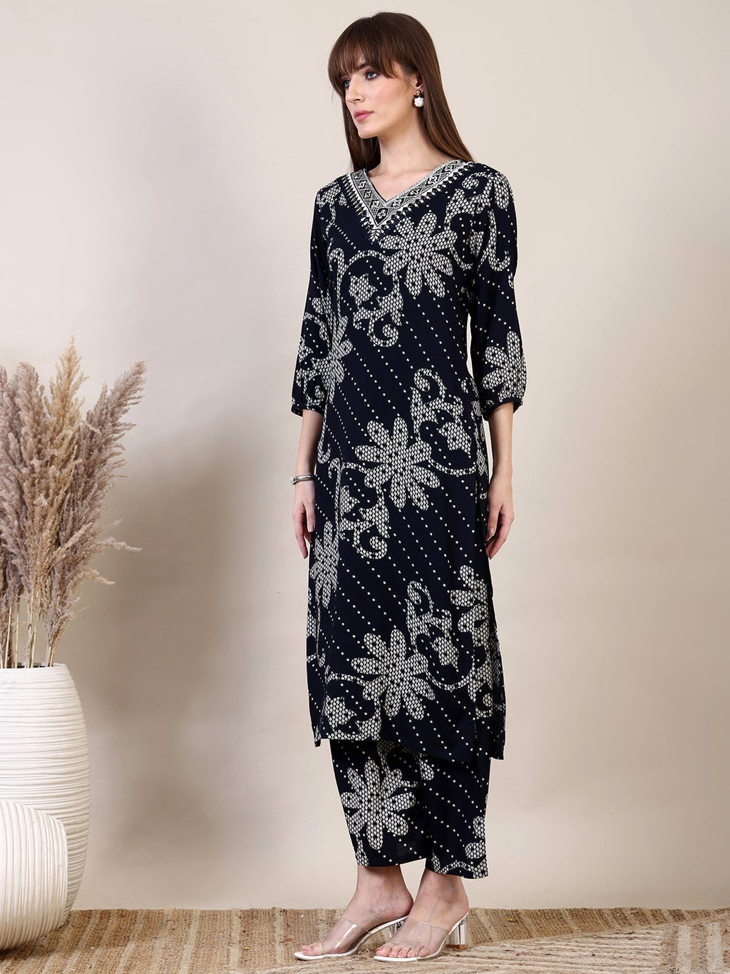 Embroidered & Floral Printed Co-Ords, Navy Blue - Hiral Fashion | Grocsy