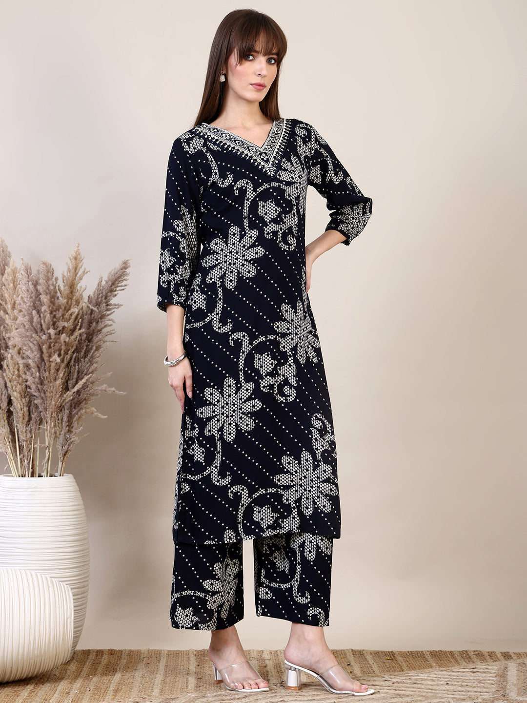 Embroidered & Floral Printed Co-Ords, Navy Blue - Hiral Fashion | Grocsy