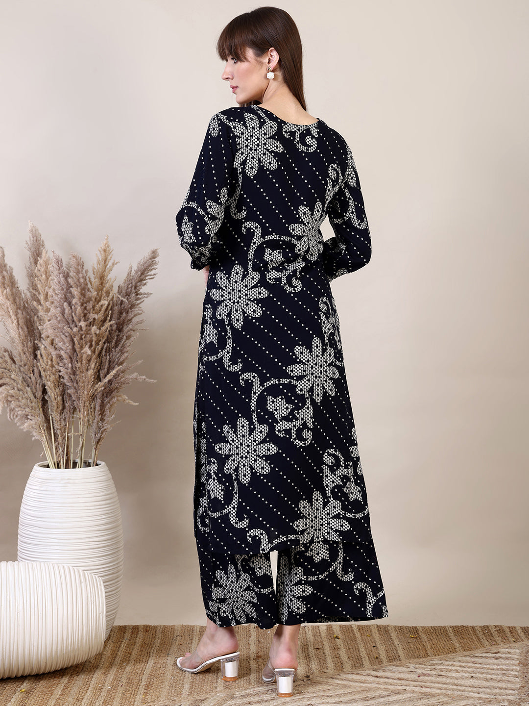 Embroidered & Floral Printed Co-Ords, Navy Blue - Hiral Fashion | Grocsy