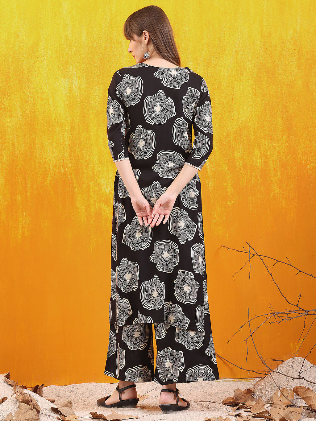 Embroidered & Floral Printed Kurta With Palazzo Co-Ords Set, Black - Hiral Fashion | Grocsy