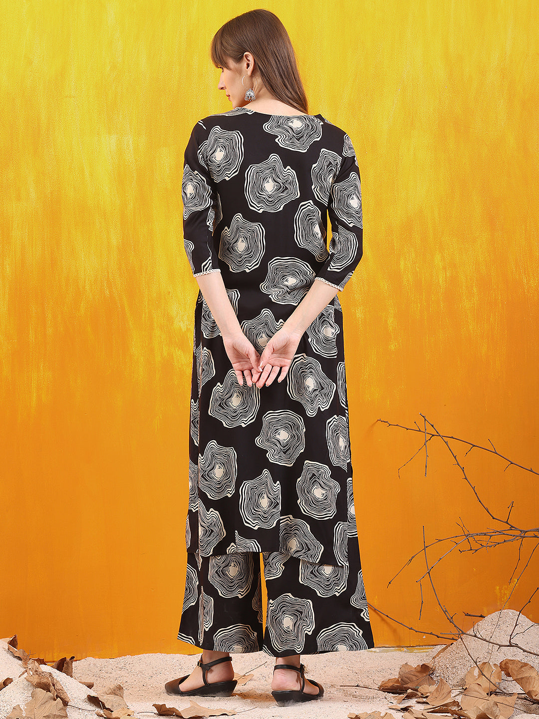 Embroidered & Floral Printed Kurta With Palazzo Co-Ords Set, Black - Hiral Fashion | Grocsy