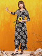 Embroidered & Floral Printed Kurta With Palazzo Co-Ords Set, Black - Hiral Fashion | Grocsy