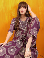 Embroidered & Floral Printed Kurta With Palazzo Co-Ords Set, Lavender - Hiral Fashion | Grocsy