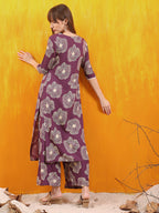 Embroidered & Floral Printed Kurta With Palazzo Co-Ords Set, Lavender - Hiral Fashion | Grocsy