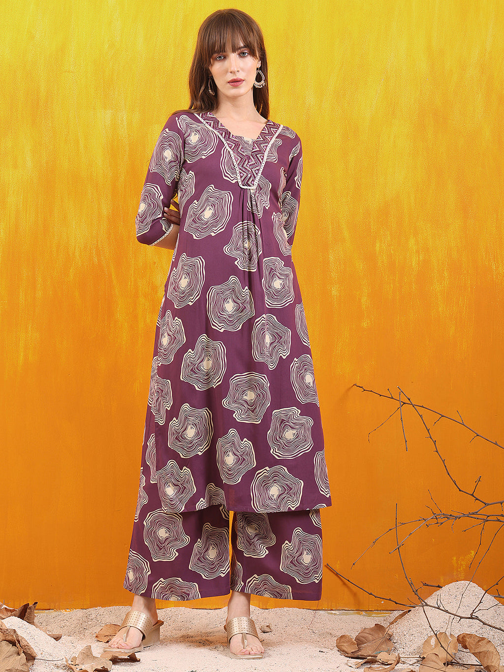 Embroidered & Floral Printed Kurta With Palazzo Co-Ords Set, Lavender - Hiral Fashion | Grocsy