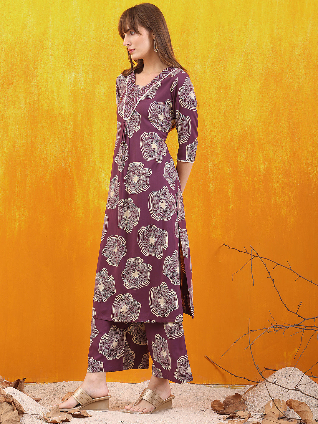 Embroidered & Floral Printed Kurta With Palazzo Co-Ords Set, Lavender - Hiral Fashion | Grocsy