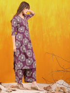 Embroidered & Floral Printed Kurta With Palazzo Co-Ords Set, Lavender - Hiral Fashion | Grocsy