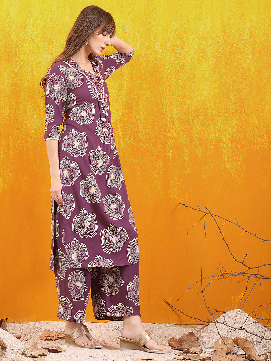 Embroidered & Floral Printed Kurta With Palazzo Co-Ords Set, Lavender - Hiral Fashion | Grocsy