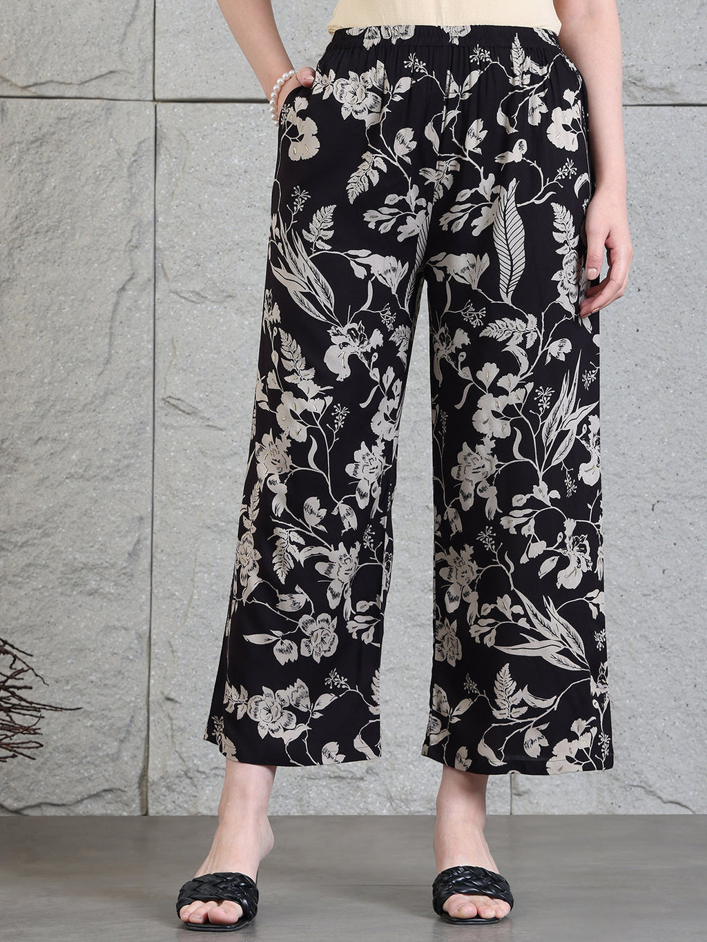 Botanical Printed Kurta With Palazzo Co-Ords Set, Black - Hiral Fashion | Grocsy