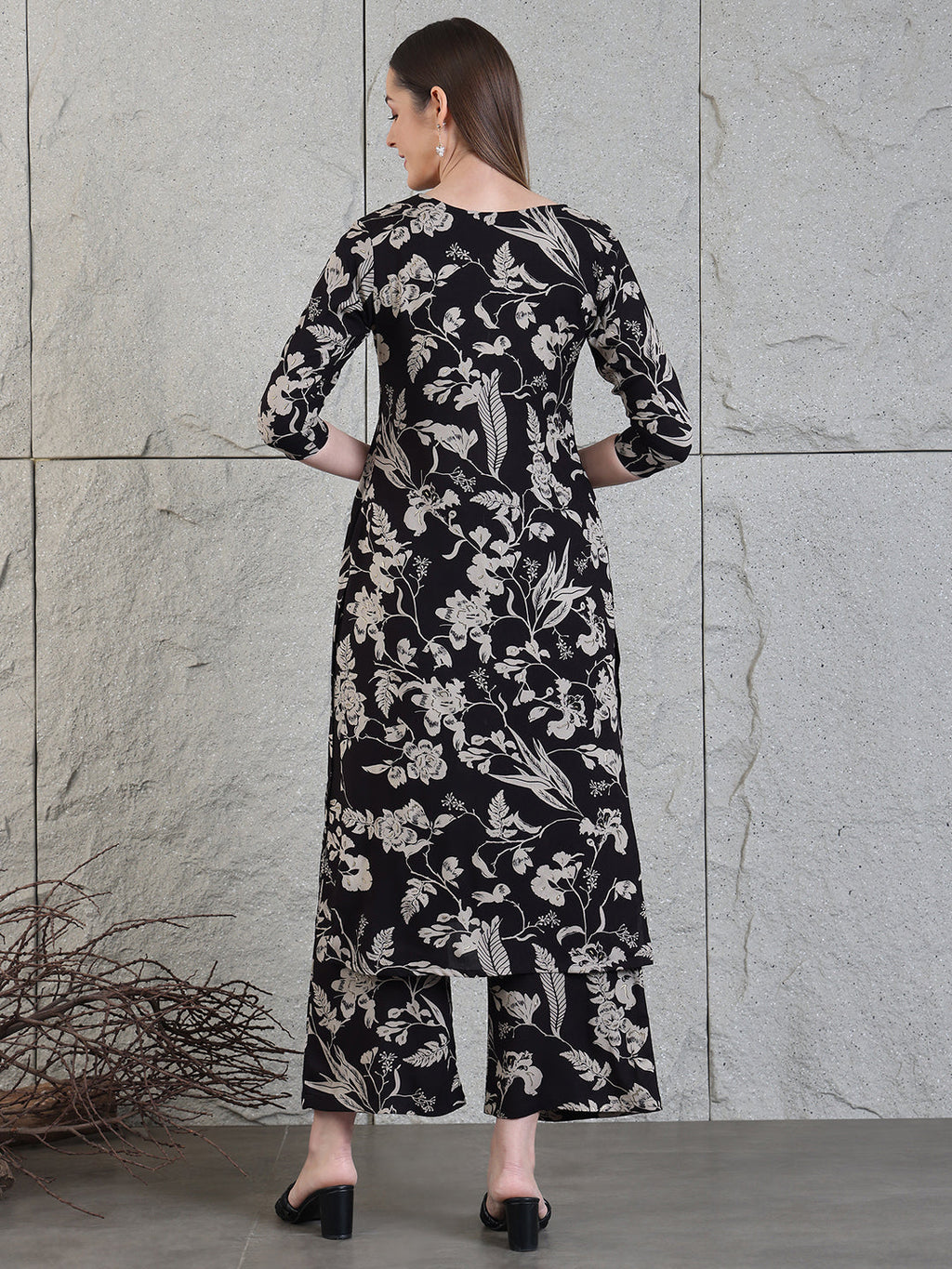 Botanical Printed Kurta With Palazzo Co-Ords Set, Black - Hiral Fashion | Grocsy