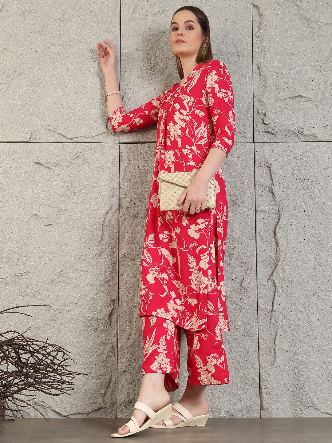 Botanical Printed Kurta With Palazzo Co-Ords Set, Pink - Hiral Fashion | Grocsy