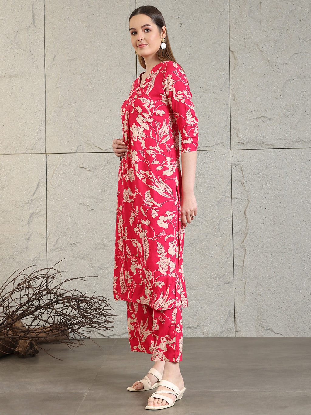 Botanical Printed Kurta With Palazzo Co-Ords Set, Pink - Hiral Fashion | Grocsy