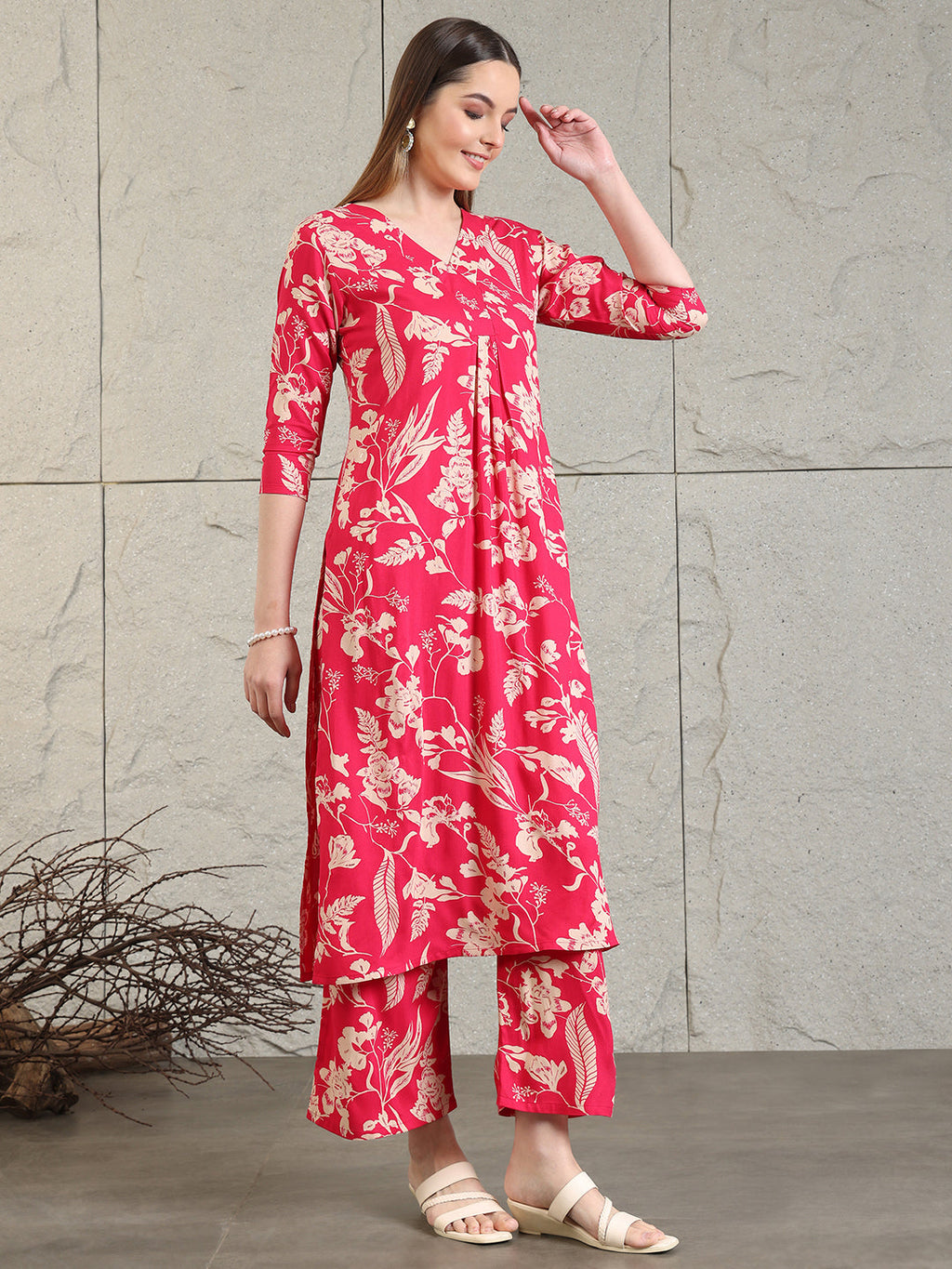 Botanical Printed Kurta With Palazzo Co-Ords Set, Pink - Hiral Fashion | Grocsy