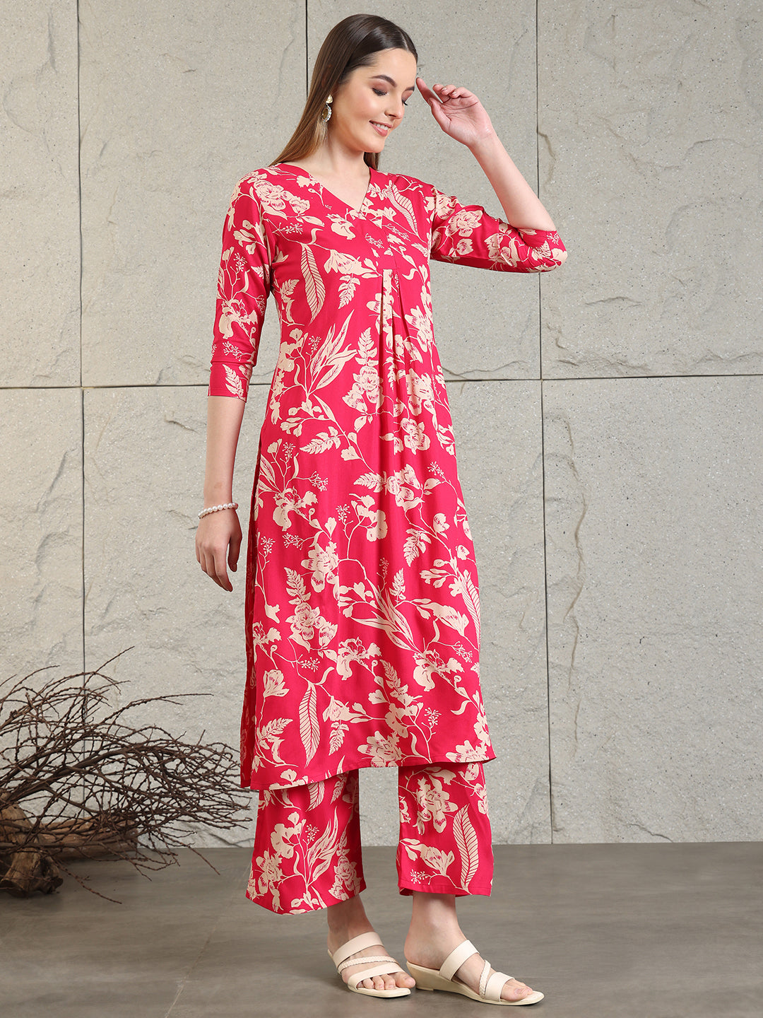 Botanical Printed Kurta With Palazzo Co-Ords Set, Pink - Hiral Fashion | Grocsy