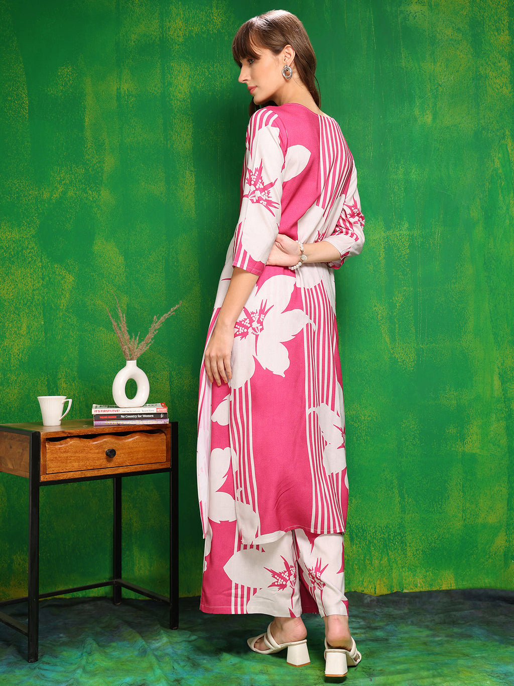 Embroidered & Floral Printed Kurta With Palazzo Pant, Pink - Hiral Fashion | Grocsy