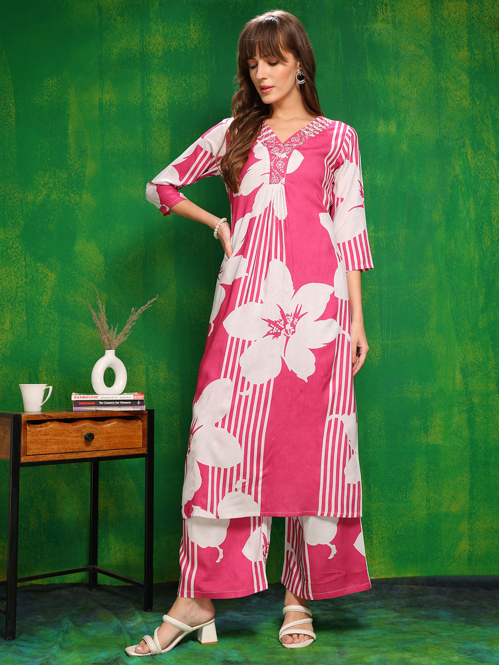 Embroidered & Floral Printed Kurta With Palazzo Pant, Pink - Hiral Fashion | Grocsy