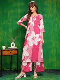 Embroidered & Floral Printed Kurta With Palazzo Pant, Pink - Hiral Fashion | Grocsy
