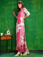 Embroidered & Floral Printed Kurta With Palazzo Pant, Pink - Hiral Fashion | Grocsy