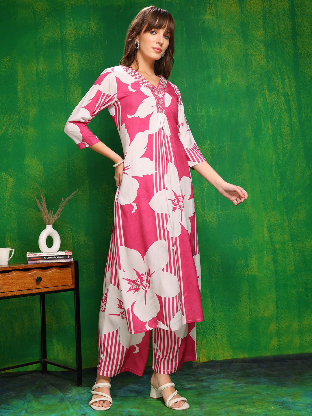 Embroidered & Floral Printed Kurta With Palazzo Pant, Pink - Hiral Fashion | Grocsy