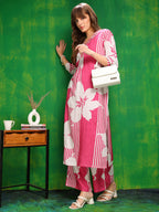 Embroidered & Floral Printed Kurta With Palazzo Pant, Pink - Hiral Fashion | Grocsy
