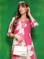 Embroidered & Floral Printed Kurta With Palazzo Pant, Pink - Hiral Fashion | Grocsy