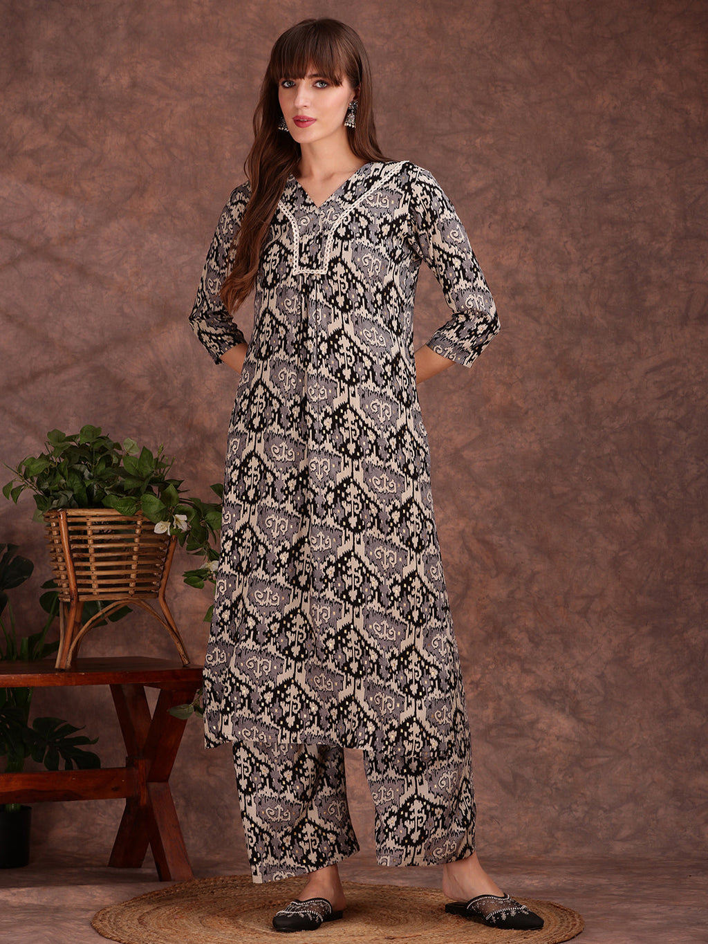 Ethnic Motifs Printed Lace Detailing Kurta And Palazzo, Black - Hiral Fashion | Grocsy