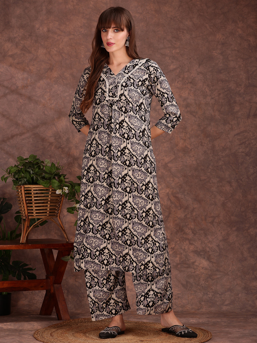 Ethnic Motifs Printed Lace Detailing Kurta And Palazzo, Black - Hiral Fashion | Grocsy