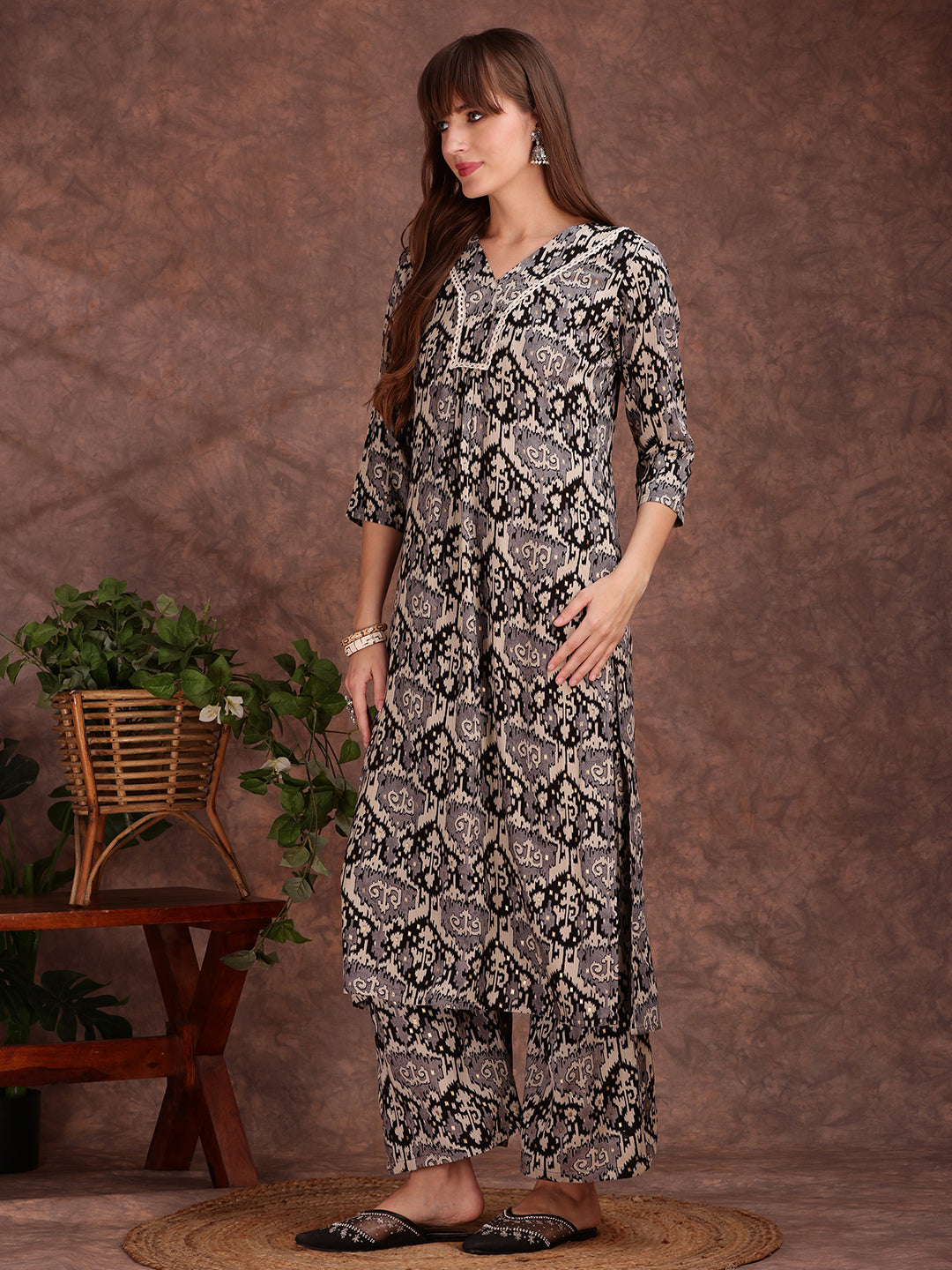 Ethnic Motifs Printed Lace Detailing Kurta And Palazzo, Black - Hiral Fashion | Grocsy