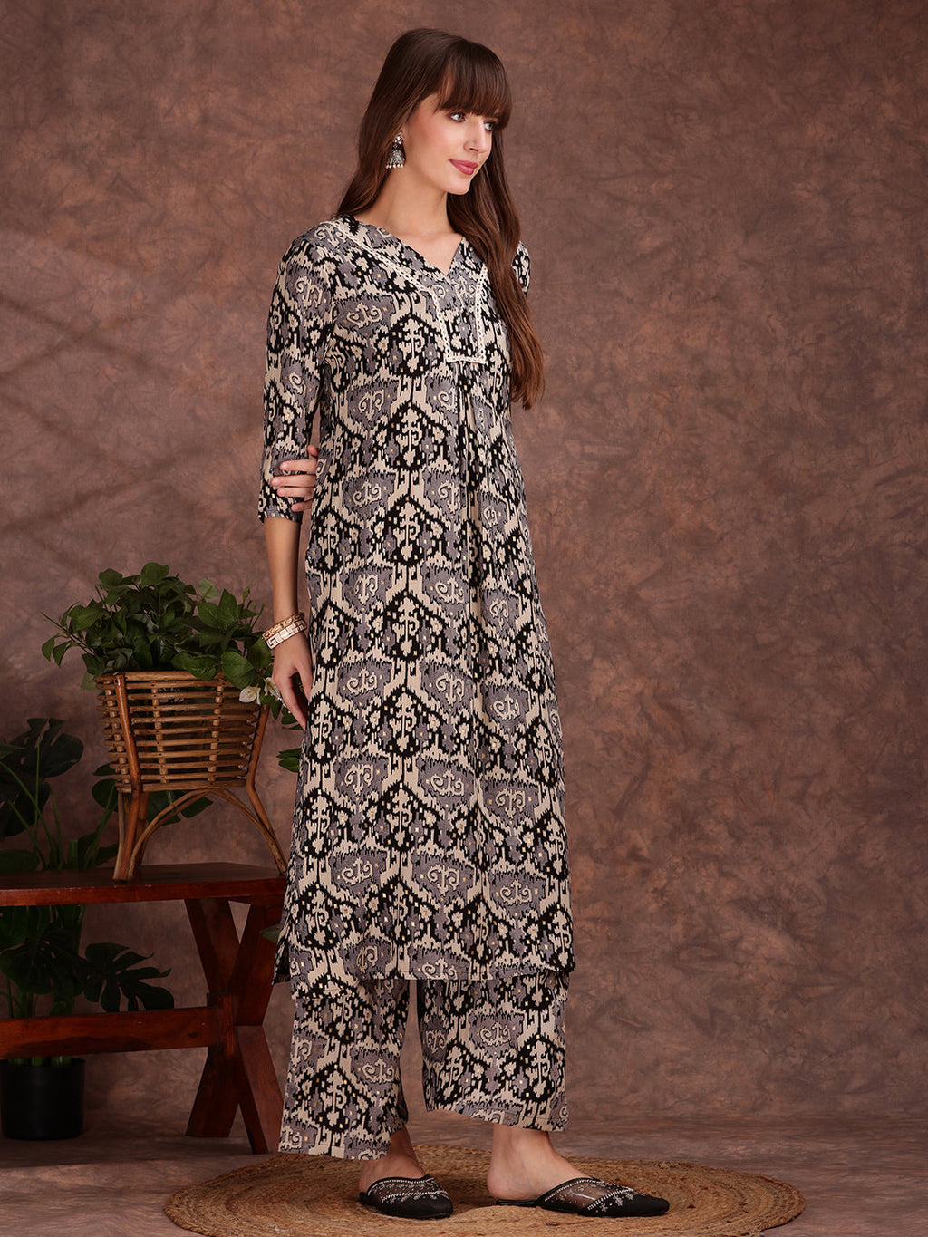 Ethnic Motifs Printed Lace Detailing Kurta And Palazzo, Black - Hiral Fashion | Grocsy