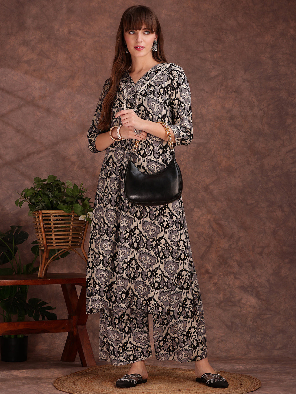 Ethnic Motifs Printed Lace Detailing Kurta And Palazzo, Black - Hiral Fashion | Grocsy