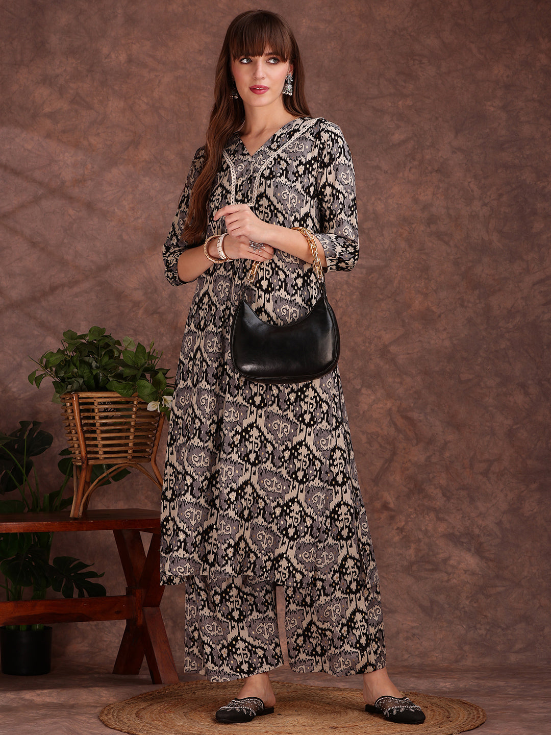 Ethnic Motifs Printed Lace Detailing Kurta And Palazzo, Black - Hiral Fashion | Grocsy