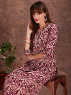 Ethnic Motifs Printed Lace Detailing Kurta And Palazzo, Wine - Hiral Fashion | Grocsy