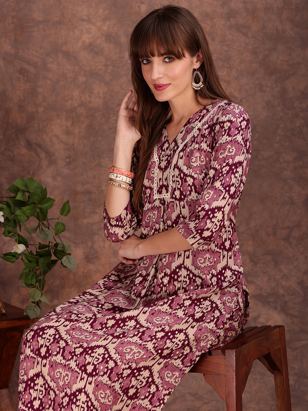 Ethnic Motifs Printed Lace Detailing Kurta And Palazzo, Wine - Hiral Fashion | Grocsy