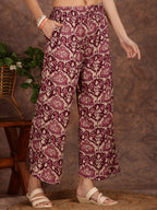 Ethnic Motifs Printed Lace Detailing Kurta And Palazzo, Wine - Hiral Fashion | Grocsy