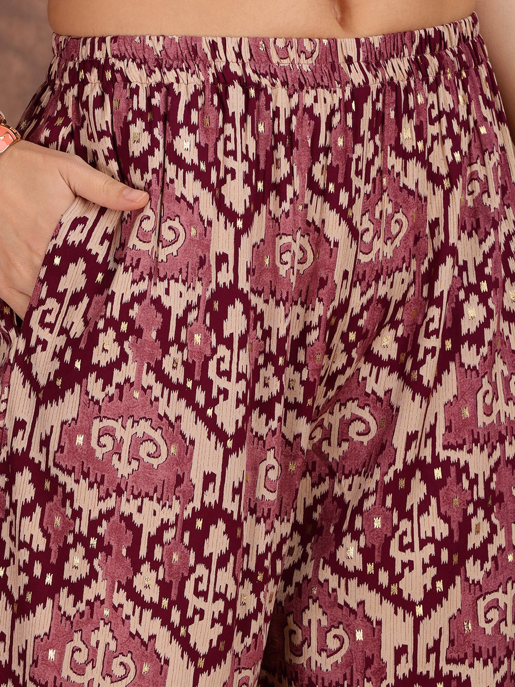 Ethnic Motifs Printed Lace Detailing Kurta And Palazzo, Wine - Hiral Fashion | Grocsy