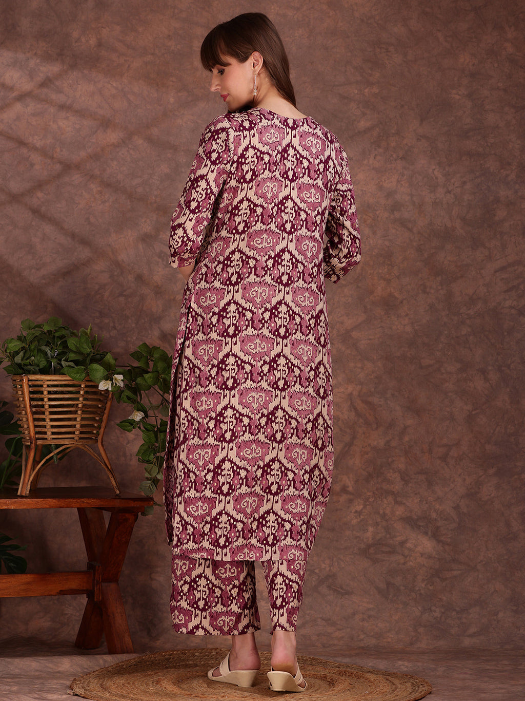 Ethnic Motifs Printed Lace Detailing Kurta And Palazzo, Wine - Hiral Fashion | Grocsy