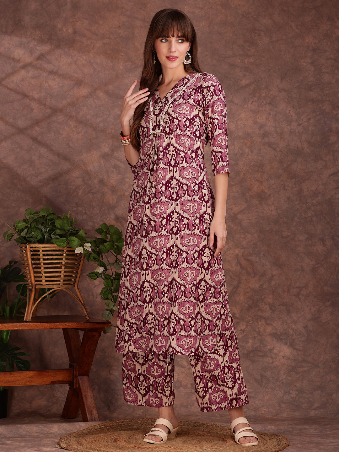 Ethnic Motifs Printed Lace Detailing Kurta And Palazzo, Wine - Hiral Fashion | Grocsy