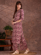 Ethnic Motifs Printed Lace Detailing Kurta And Palazzo, Wine - Hiral Fashion | Grocsy