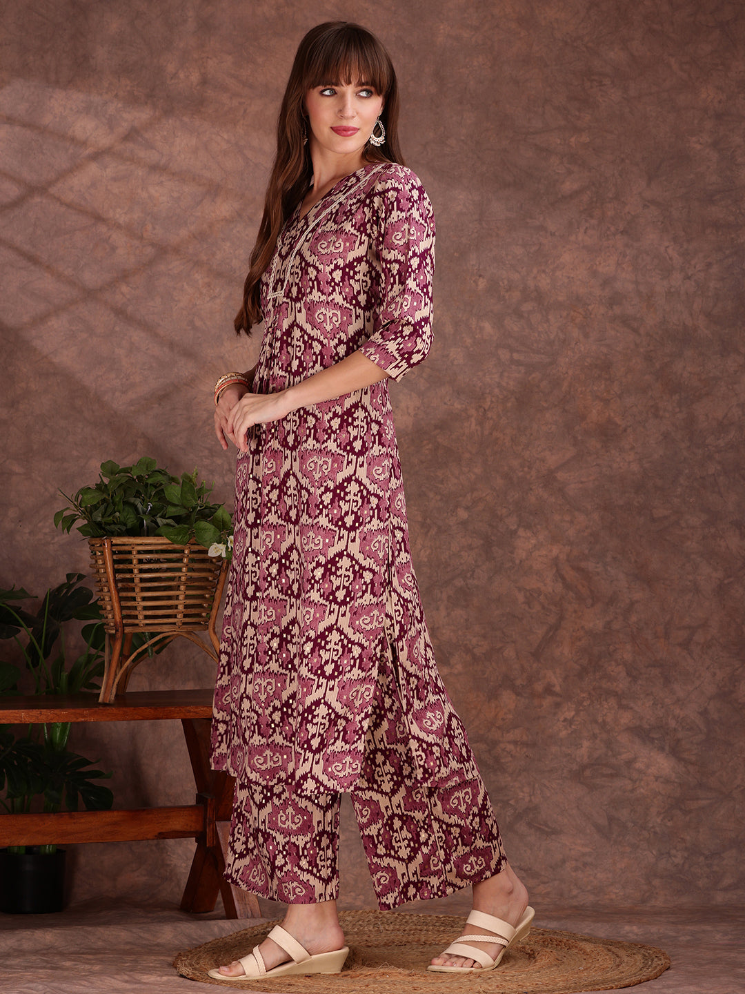 Ethnic Motifs Printed Lace Detailing Kurta And Palazzo, Wine - Hiral Fashion | Grocsy