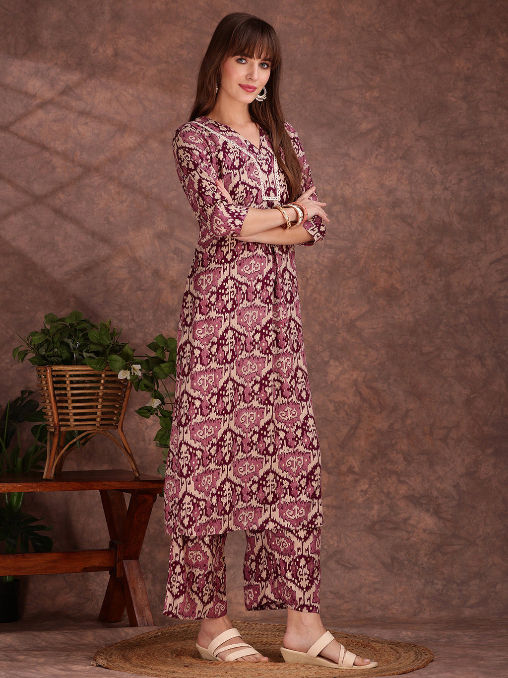 Ethnic Motifs Printed Lace Detailing Kurta And Palazzo, Wine - Hiral Fashion | Grocsy