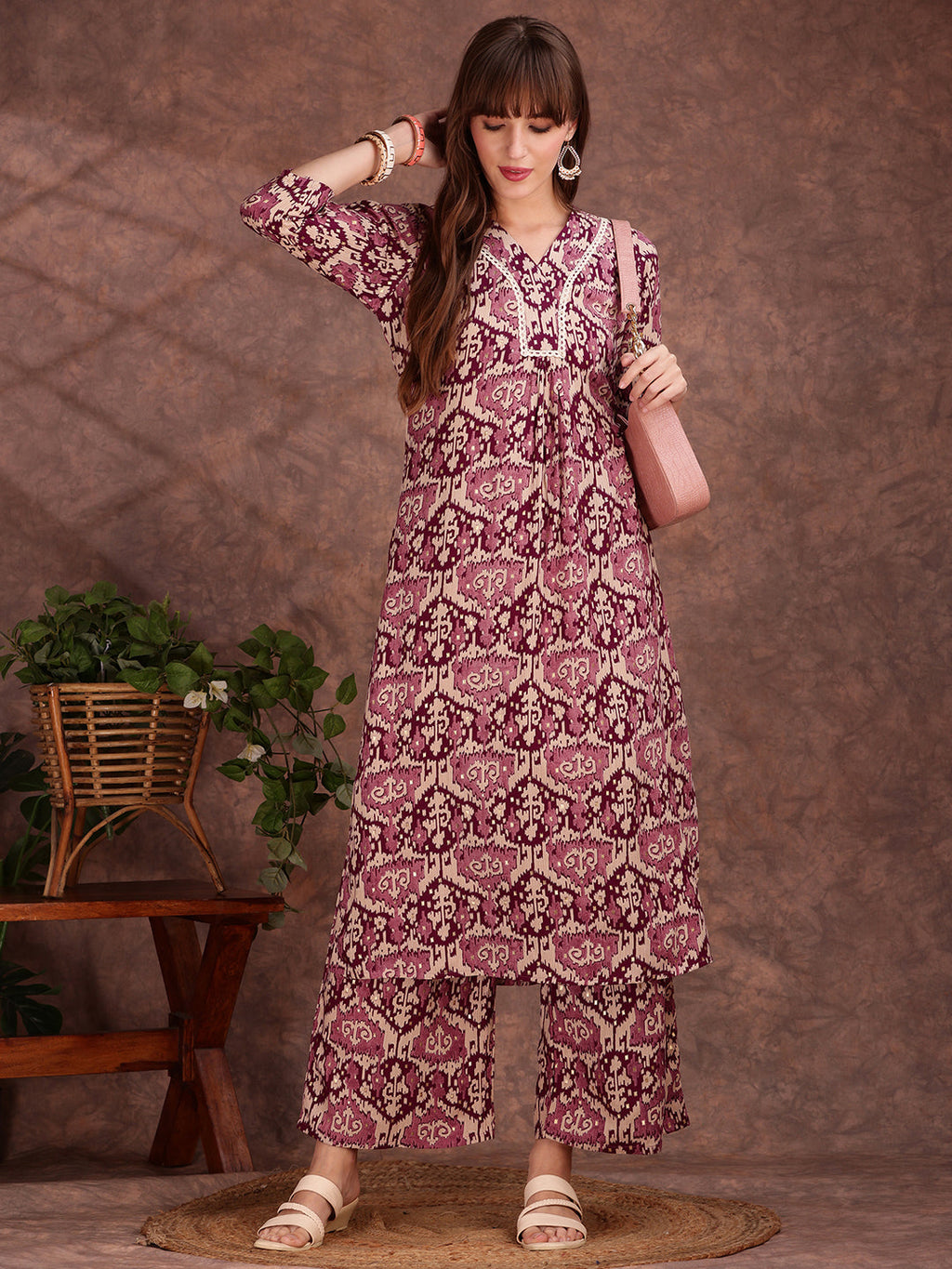 Ethnic Motifs Printed Lace Detailing Kurta And Palazzo, Wine - Hiral Fashion | Grocsy