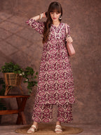 Ethnic Motifs Printed Lace Detailing Kurta And Palazzo, Wine - Hiral Fashion | Grocsy