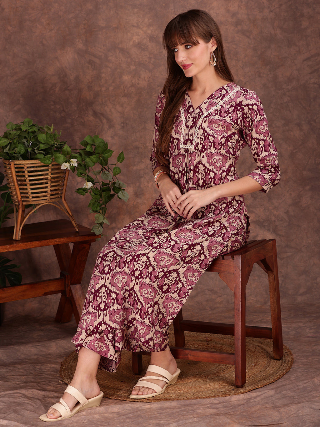 Ethnic Motifs Printed Lace Detailing Kurta And Palazzo, Wine - Hiral Fashion | Grocsy