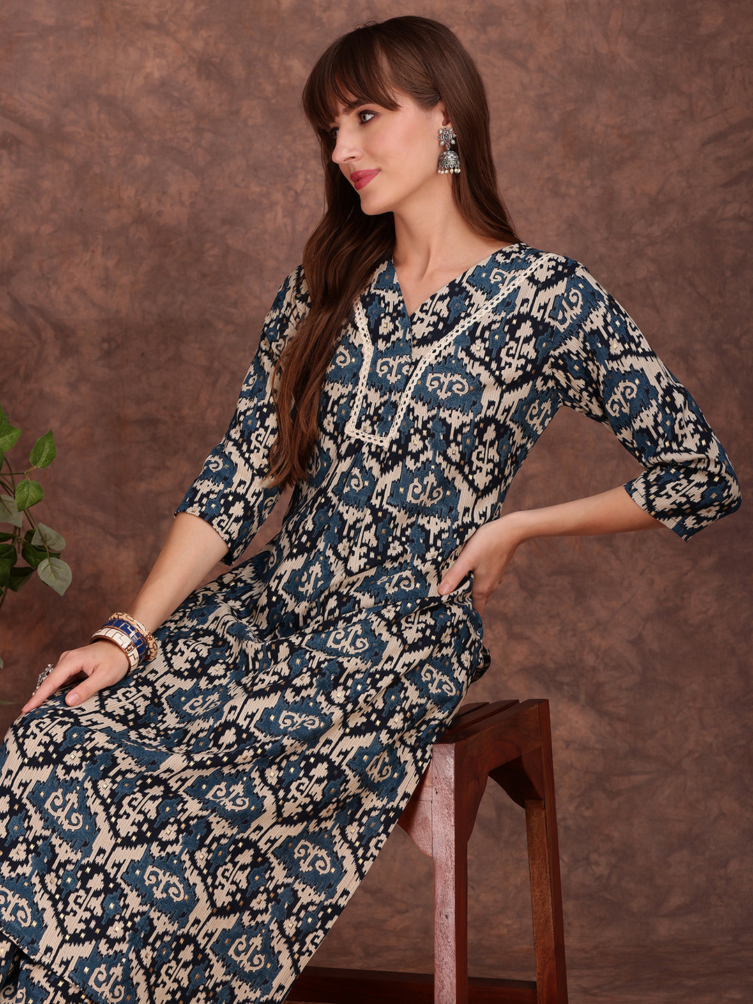 Ethnic Motifs Printed Lace Detailing Kurta And Palazzo, Teal - Hiral Fashion | Grocsy