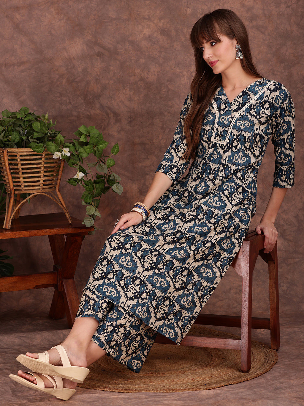 Ethnic Motifs Printed Lace Detailing Kurta And Palazzo, Teal - Hiral Fashion | Grocsy