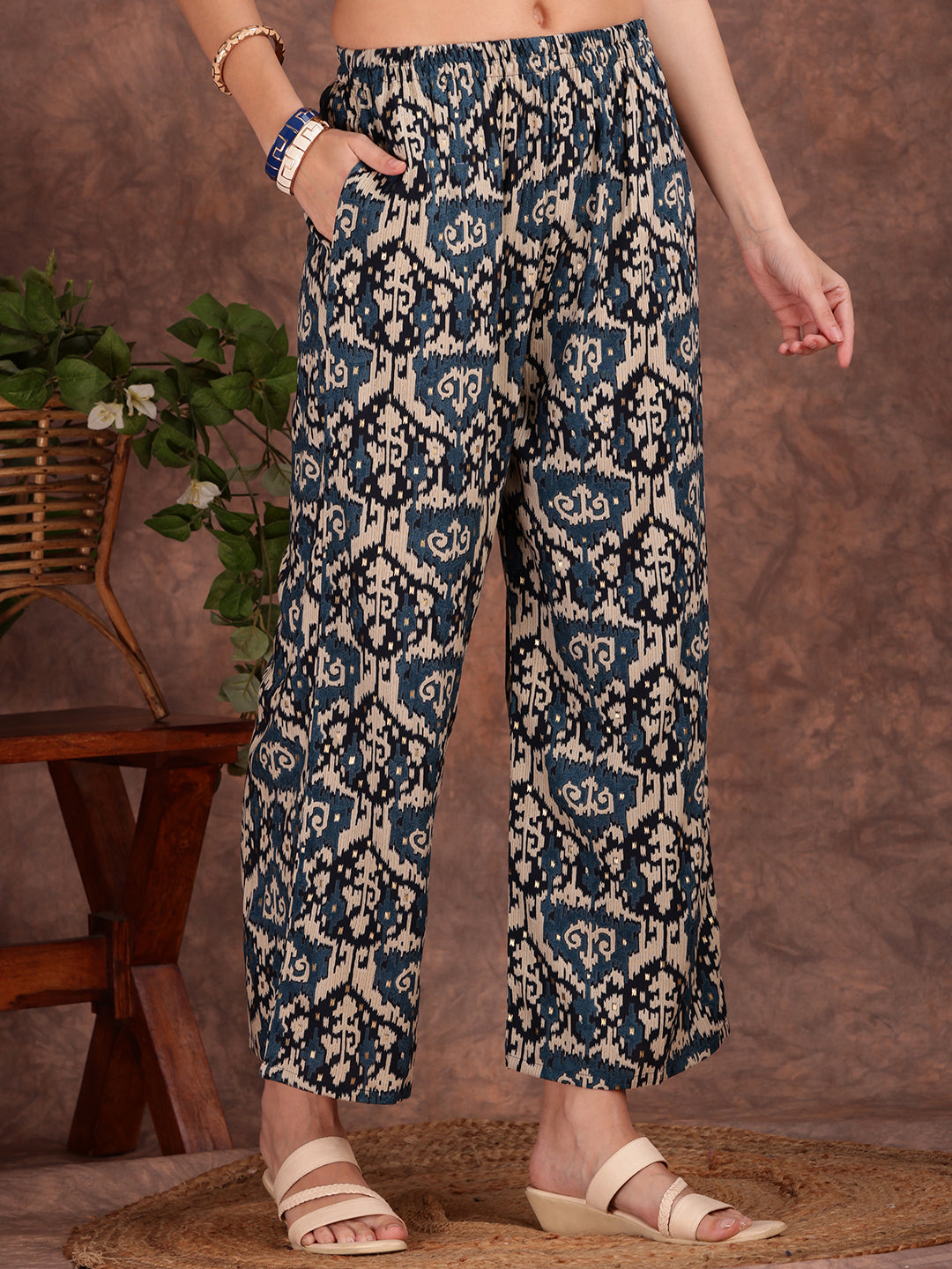 Ethnic Motifs Printed Lace Detailing Kurta And Palazzo, Teal - Hiral Fashion | Grocsy
