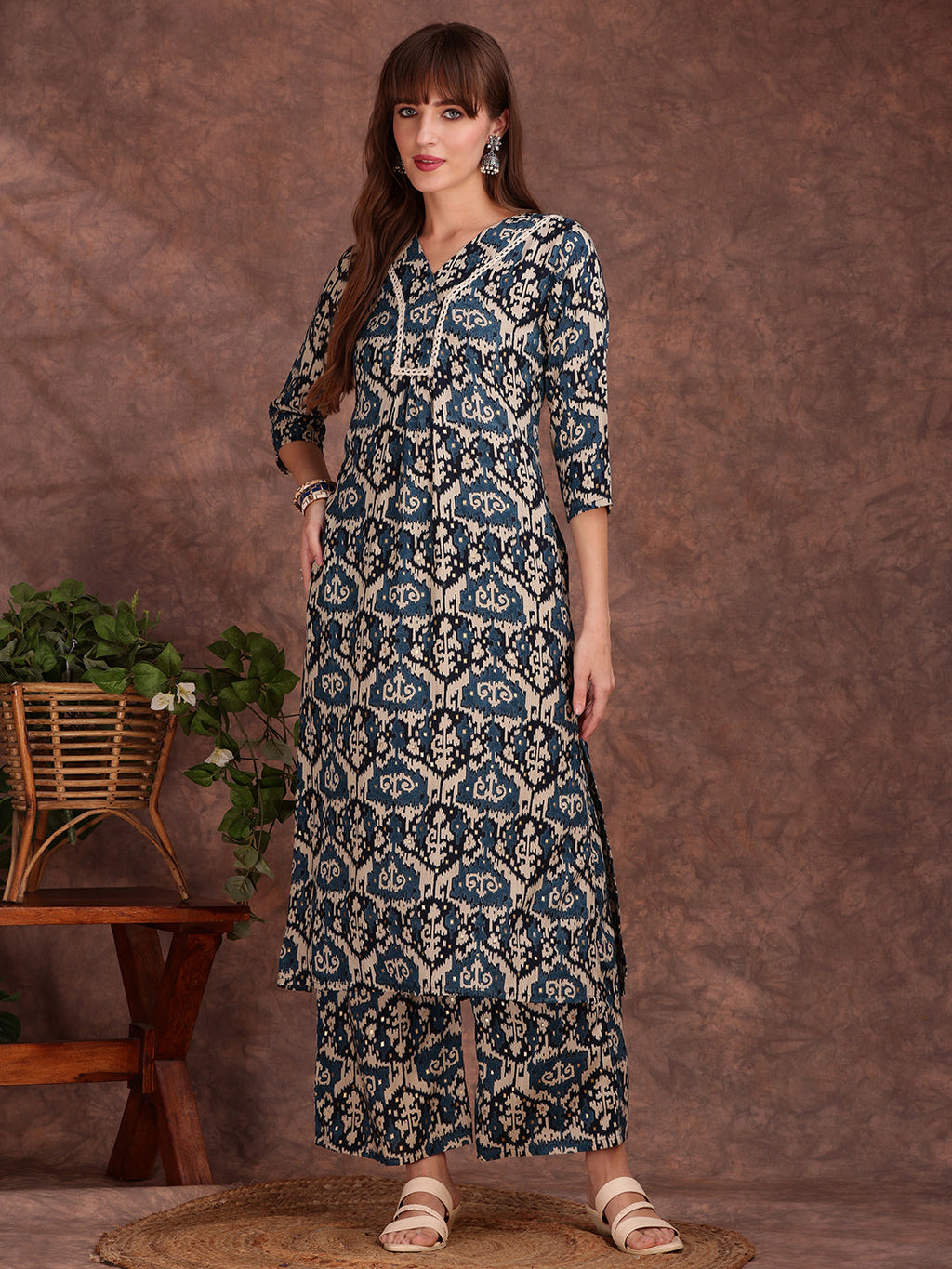 Ethnic Motifs Printed Lace Detailing Kurta And Palazzo, Teal - Hiral Fashion | Grocsy