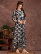 Ethnic Motifs Printed Lace Detailing Kurta And Palazzo, Teal - Hiral Fashion | Grocsy